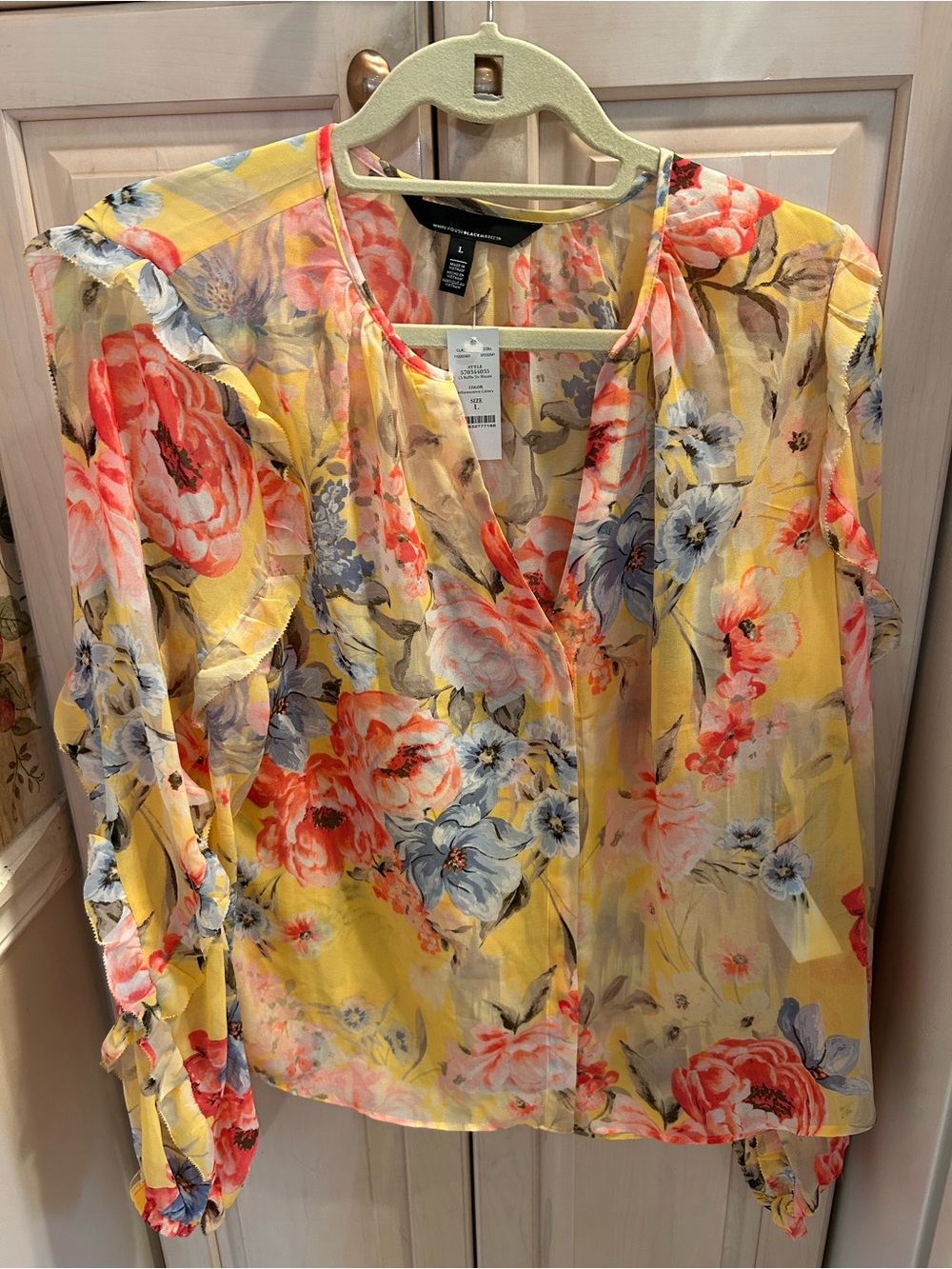 White House Black Market Yellow Long Sleeve Ruffle Blouse Women Size L NWT